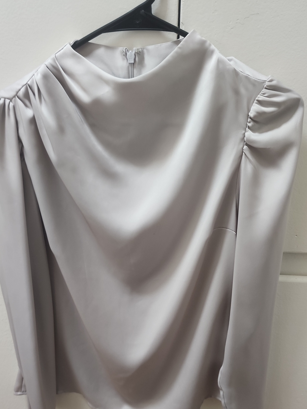 Express Light Gray Draped High-Neck Long Sleeve Blouse.